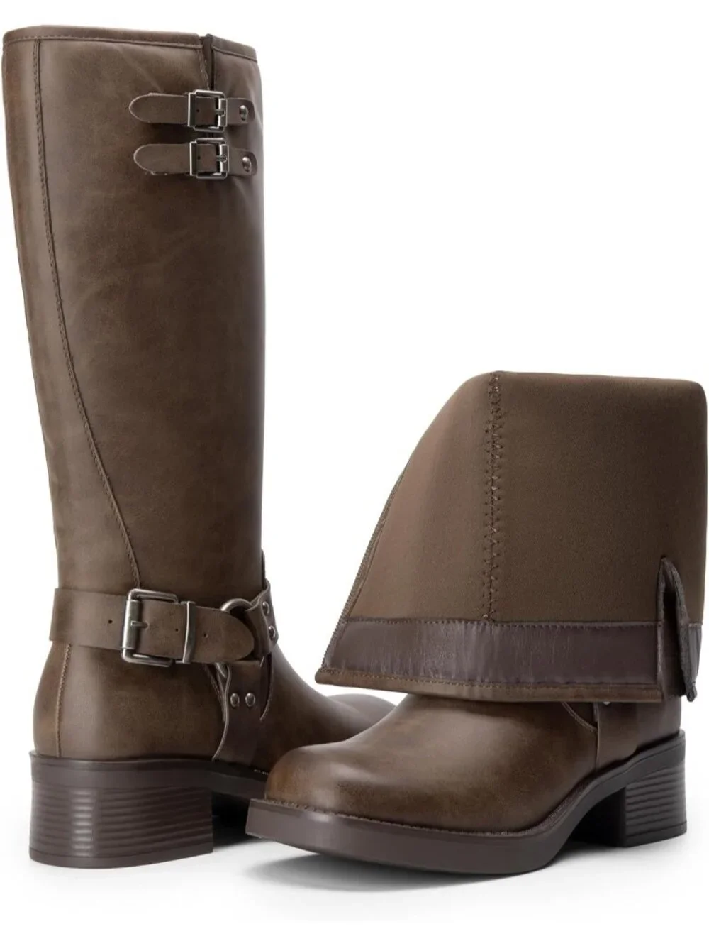 Women's Brown Leather Adjustable Buckles Side Zipper Moto Knee High Tall Boots